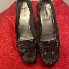 COACH AND FOUR BLACK LEATHER LOAFERS WEDGES  SLIP ON SHOES WOMEN'S SZ 9.5