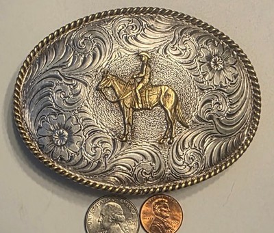 Vintage Metal Belt Buckle, Man On His Horse, Silversmith Collection, Silver and