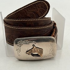 VTG Mens Brown Floral Embossed Leather Western Belt Horse Head Buckle Sz 40 USA