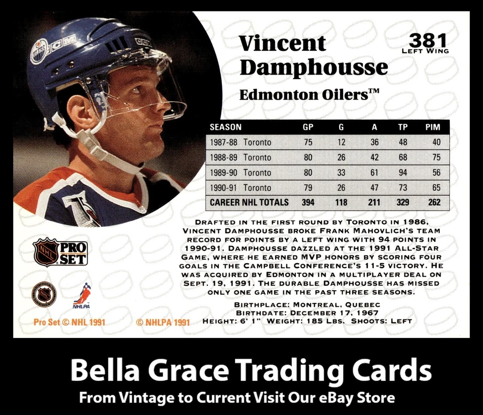 1991-92 Pro Set Vincent Damphousse #381 Edmonton Oilers NHL Hockey - Image 2 of 2