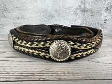 Vintage Tony Lama Silver Concho Belt Size 34, Brown Leather with Woven Horsehair