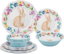 ware 12 Piece Floral Bunny Melamine Dinnerware Sets, Outdoor Dishes Set, Plates 