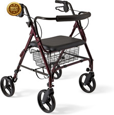 Large Extra Wide Aluminum Bariatric Rollator Walker with Seat, Burgundy, 400 Lb.