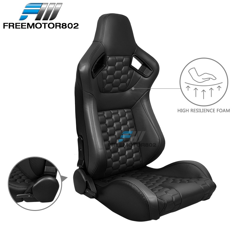 Adjustable Universal Racing Seat Honeycomb Black PU Leather & Dual Slider x2