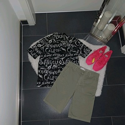 Neu sommer set Outfit gr.152 Zara Shorts olivgrün Hemdbluse schwarz weiß Top
