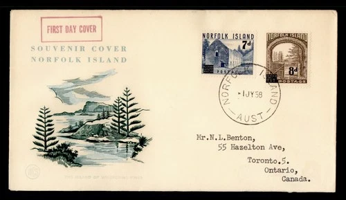 DR WHO 1958 NORFOLK ISLAND FDC OVPT COMBO WSC CACHET TO CANADA M71478