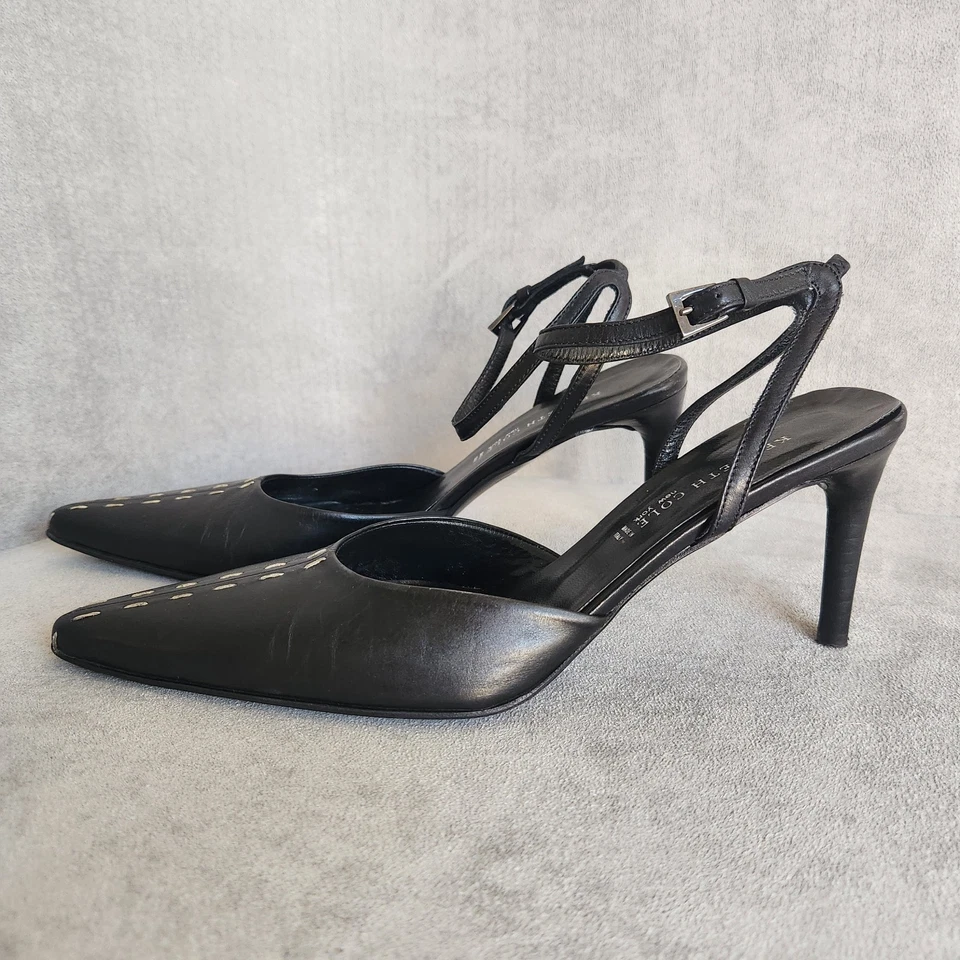 Kenneth Cole Bombas 8 Cuero Negro Punta Punta Tacones Eslinga Y2K Whimsigoth Foto 3 de 4