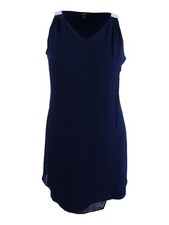 MSK Women's Sleeveless Rhinestone Chiffon Overlay Dress (M, Navy)