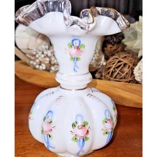 Vtg Fenton Charleston Silver Crest Melon Ruffle Vase Roses Bows 6 1/2 Tall
