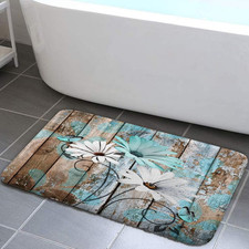 Farmhouse Floral Flower Bath Mat, Teal Daisy Rustic Wooden Plank Country Barn Wo