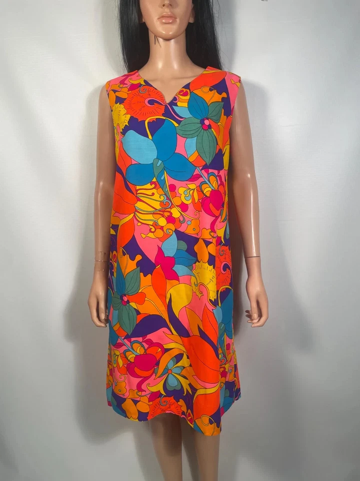 Vintage 60's/70's Bright Bold Psychedelic Floral Print Shift Dress Size M/L - Image 3 of 4