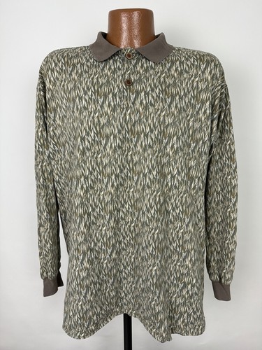 Vintage 90s Geometric Polo Shirt Men L Leaf Print Long Sleeve Perry Elllis USA - Picture 2 of 13