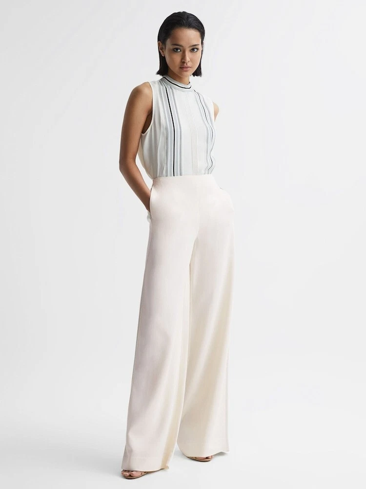 REISS Carlie Wide Leg Stitch Detail Trousers(Long) in Cream