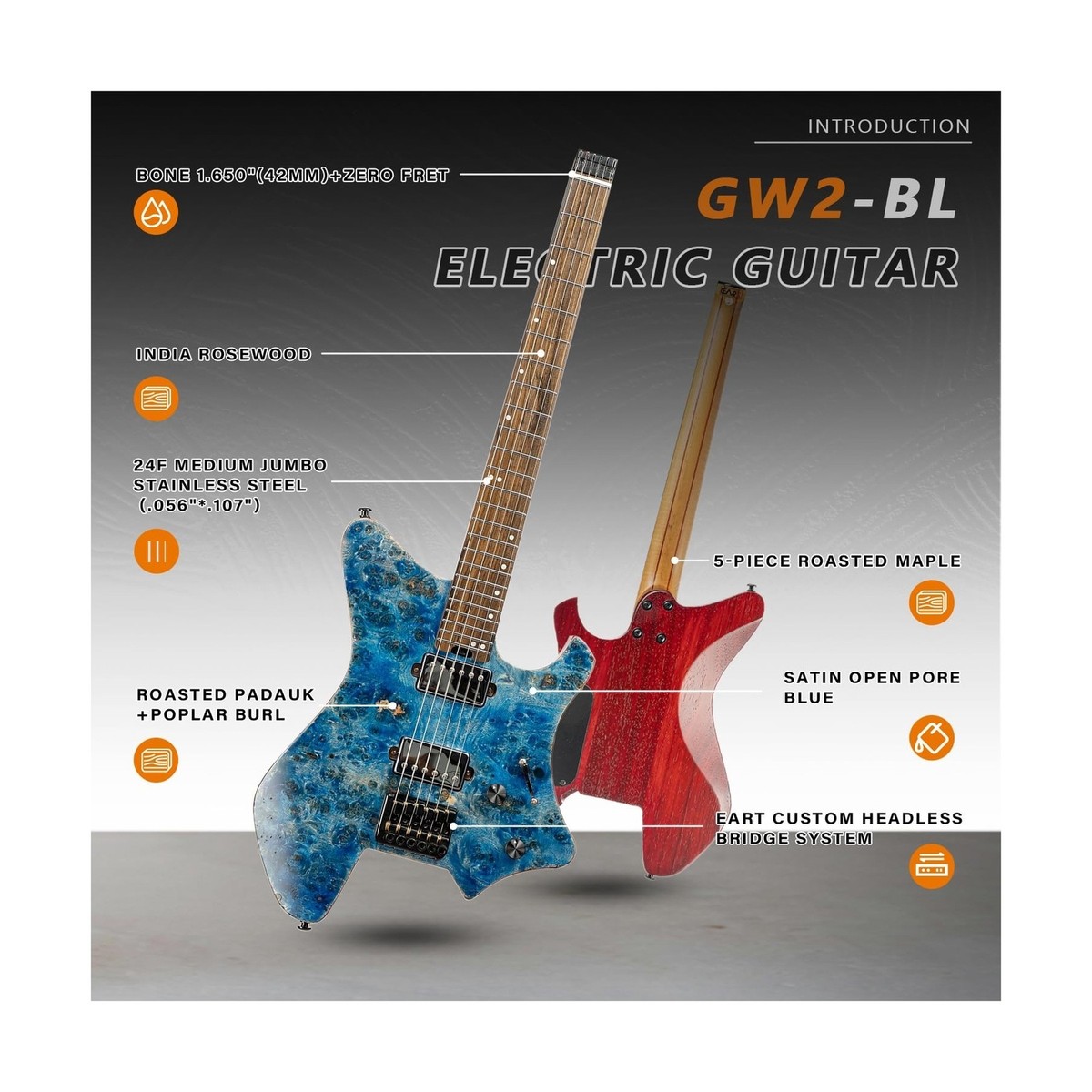 EART ギター Amazon.com: EART Headless Electric Guitar GW2 fixed Bridge for 6
