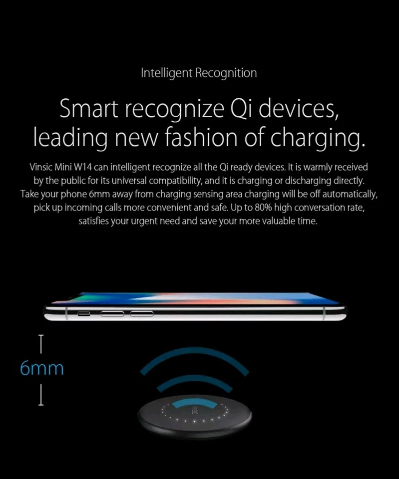 Cargador delgado inalámbrico rápido Vinsic Qi para iPhone X XR XS 8 7 / Samsung S20 S10 S9 Foto 4 de 4