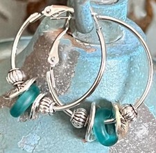 Aqua Blue Sea glass and Silver Lever Back Hoop Earrings