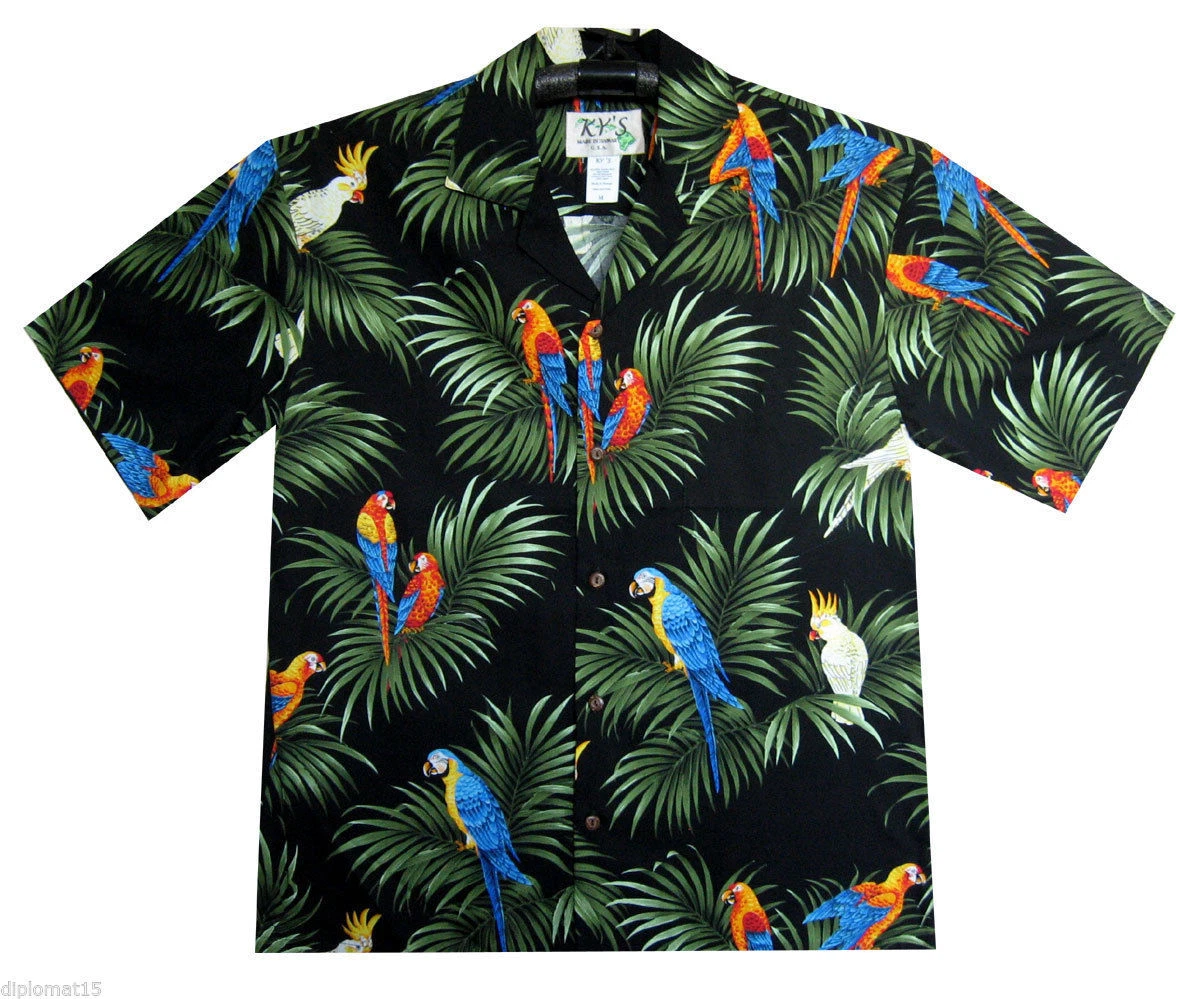 KY's Original Camisa Hawaiana Loro en todas Partes Parrot Allover Negro