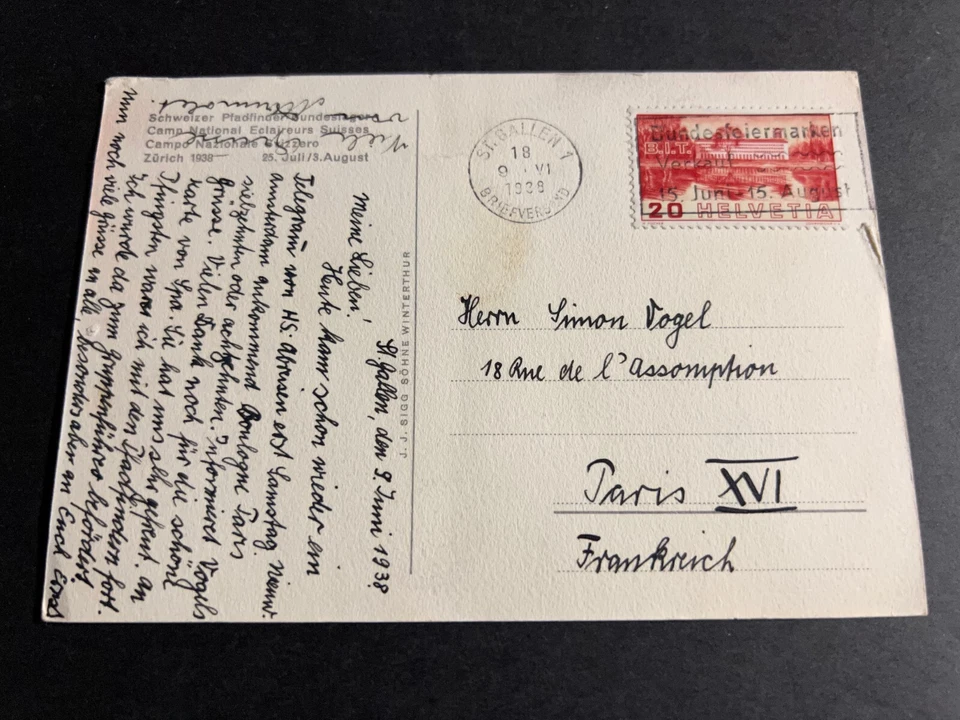 1938 Switzerland Postcard Cover St Gallen to Paris XVI France Boy Scouts - Image 2 of 2