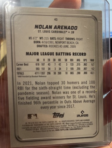 2022 Nolan Arenado Bowman Platinum Green Parallel /99 #43 Cardinals - Picture 2 of 2