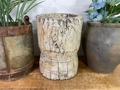 Vintage Antik Rustikal Wabi Sabi Handgeschnitzt Holz Mörser Schale Kerzenhalter
