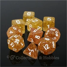 NEW 10 Yellow Orange Glitter D&D RPG Game Dice Set in Tube D20 D12 D10 D8 D6 D4+