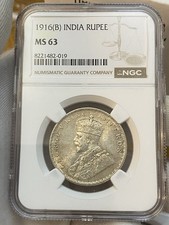 1916 India One Rupee Coin, Silver, 0.917, Approx. 0.34 Troy oz NGC MS63 #124