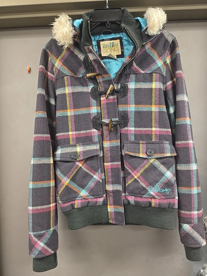 Billabong 女士连帽全拉链冬季夹克外套。 格子。 大号 — 第 2/4 张图片