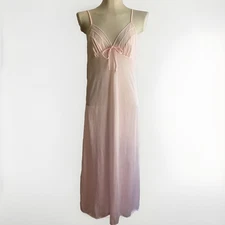 Vintage 70s Val Mode Pink Nightgown Long Bow Sheer Strappy Medium