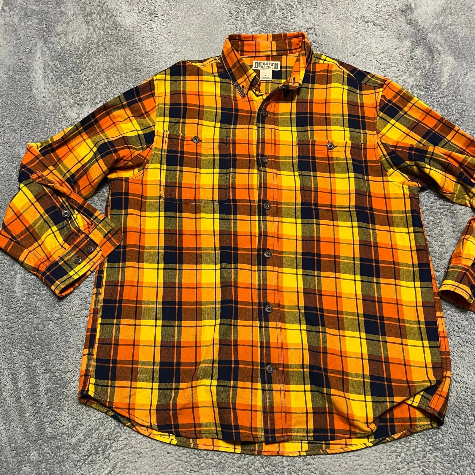 Duluth Flannel Shirt Mens Large Orange Plaid Long Sleeve Button Hike Outdoor