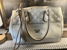 GUESS EST 1981 White Brown Purse Satchel W/ Crossbody Strap. Pockets, Zip