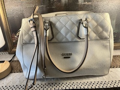 GUESS EST 1981 White Brown Purse Satchel W/ Crossbody Strap. Pockets, Zip
