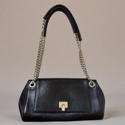 Pollini Black Drill Soft Leather Handbag Chain Strap Shoulder Bag Purse Italy