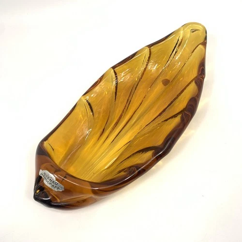 Vintage Blenko Handcraft Heavy Amber Glass Trinket Tray Dish Leaf Style