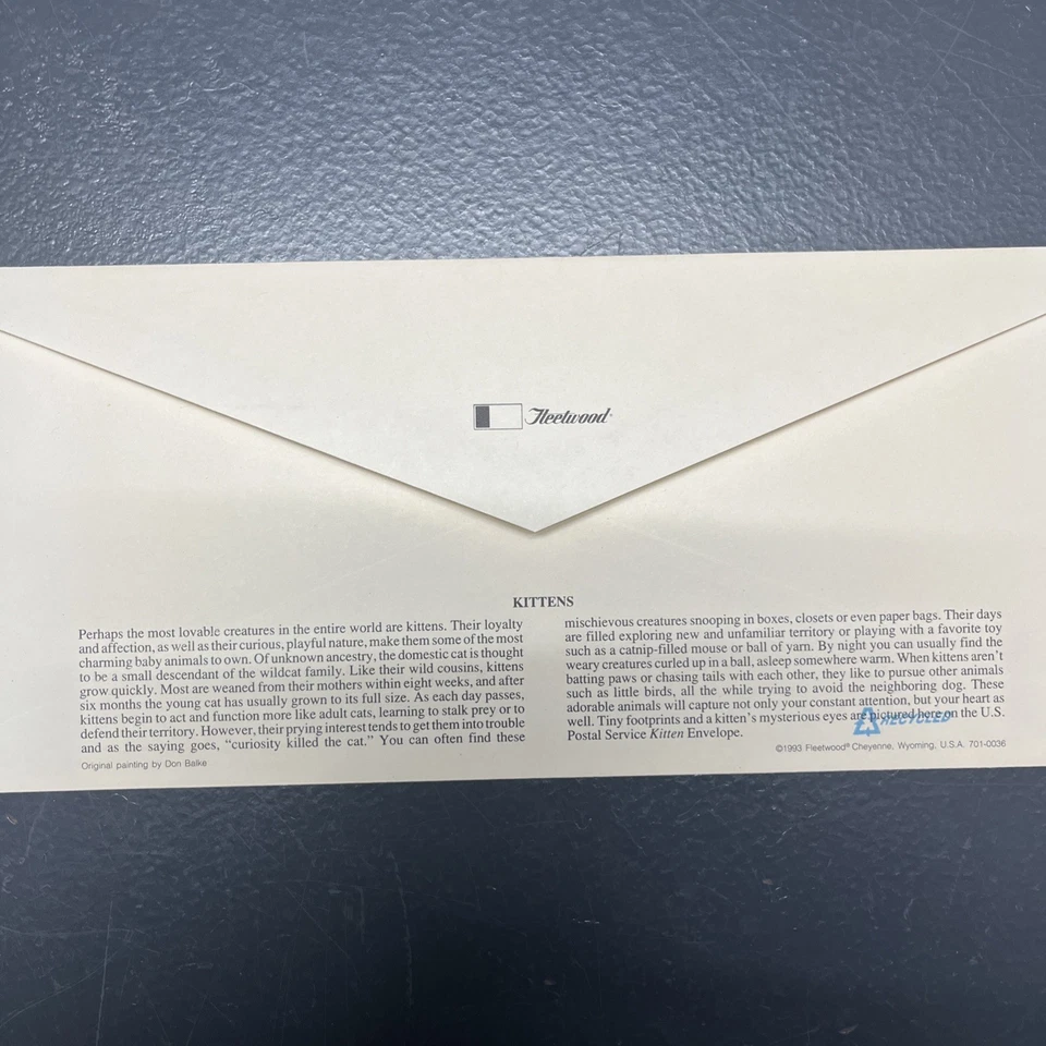 1993 Kittens Siamese Cat Eye stationery 29c Sc U630 FDc with Fleetwood cachet - Image 3 of 4