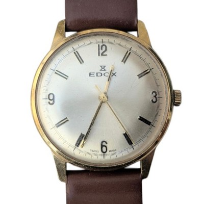 Mens Edox Vintage Watch Swiss Made Gold Plated on Brown Pierced Strap Working