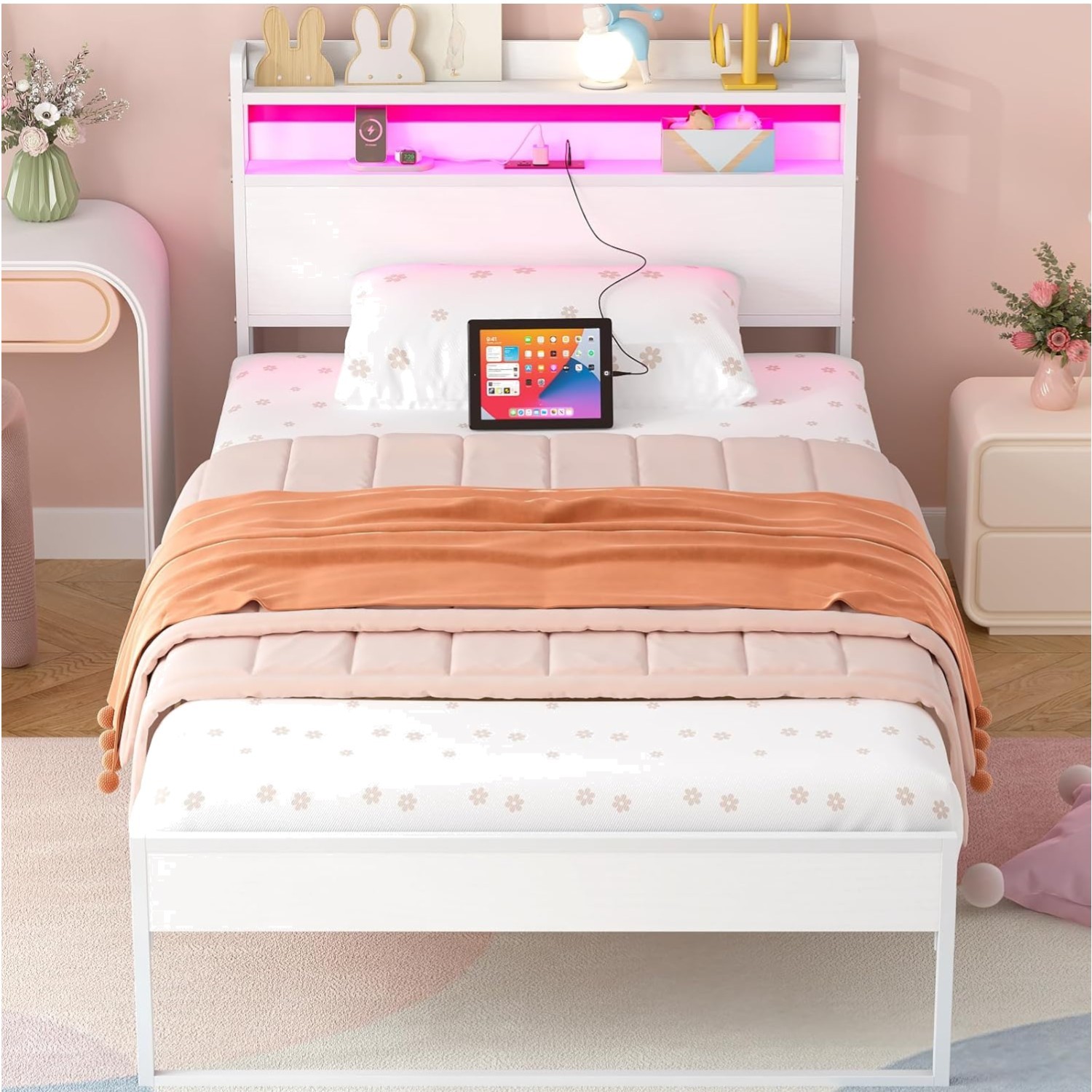 S With Charging Station And Led Lights, Metal Bed Frame With