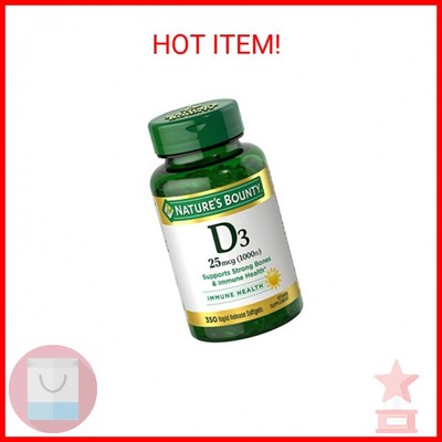 Nature's Bounty Vitamin D3 1000 IU Softgels, Immune Support, Promotes Healthy Bo