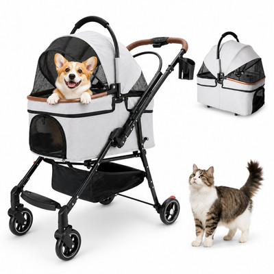 4 Wheels Folding Portable Pet Stroller Cat Dog Travel Carrier, Separable Carrier