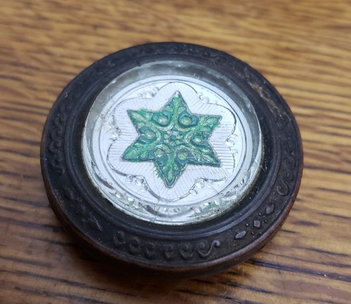 Antique Brass & Glass Curtain Tie Back Knob Green Star