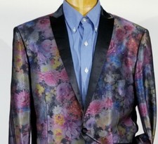 44R Pink Floral Black Satin Peak Lapel Tuxedo Jacket Sport Blazer Coat