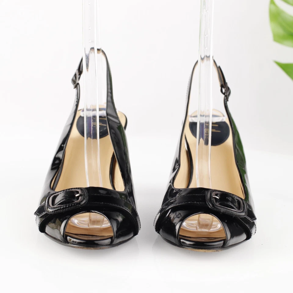 Sandalia Rachel Cole Haan para mujer talla 9,5 charol negro tacón cónico zapato Foto 2 de 4