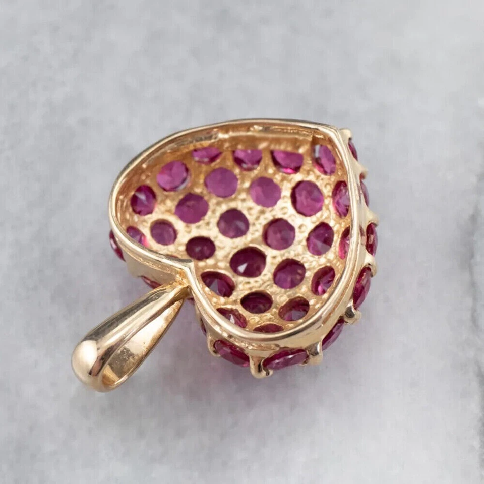 3Ct Round Cut Natural Ruby Cluster Heart Pendant Necklace Solid 14K Yellow Gold - Image 3 of 4