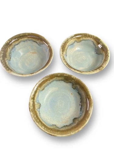 3 Studio Pottery Blues Drip Glaze Artist Signed Stoneware Bowls Bowl Hand Thrown