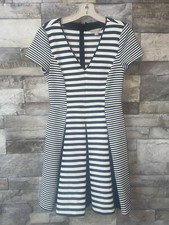 Banana Republic Knit Stretch Pleated Black White Striped Fit Flare Dress Sz 4