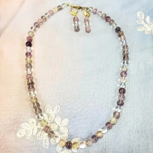  Conjunto de collar y pendientes de fluorita arco iris cuentas redondas púrpura rosa  Foto 4 de 4