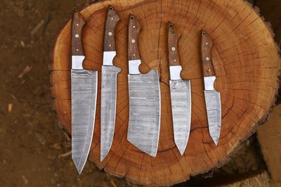 Chef Knife Set 5 pcs Carbon steel Wood Handle with Leather Roll Bag, Kitchen Set