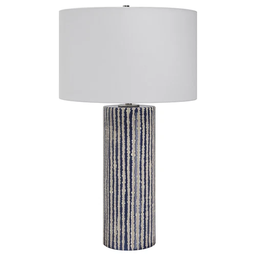 Rustic Coastal Cobalt Blue Ivory White Table Lamp 28 in Ceramic Cylinder - Picture 5 of 8