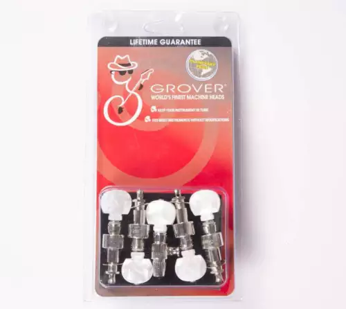 Grover 124N5 Planetary Gear Banjo Pegs Set of 5, Nickel, Round Pearloid Buttons