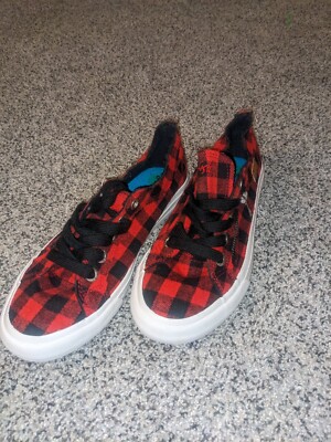 Blowfish Malibu Women's Buffalo Plaid Canvas Sneakers Shoes Size 8 Red Black