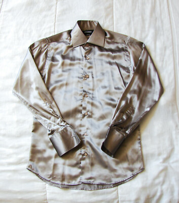 Men's Boucheron B Paris Metallic Silver Long Sleeve Button Up Slim Fit Shirt S